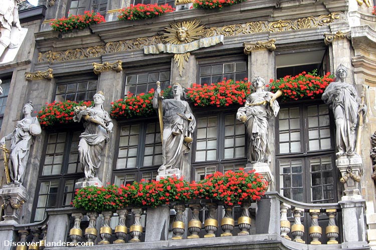 Statues on the Facade of a Guild House on the Grand Place of Brussels.