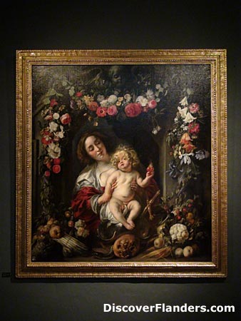 Virgin and Child in a Garland of Flowers, Fruits and Vegetables. By Jacob Jordaens, Rubens House Museum, Antwerp