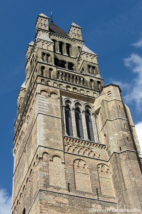 Close-up of tower of Saint Salvator's Cathedral, Bruges. 