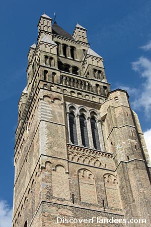The impressive tower of Saint Salvator's Cathedral in Bruges.