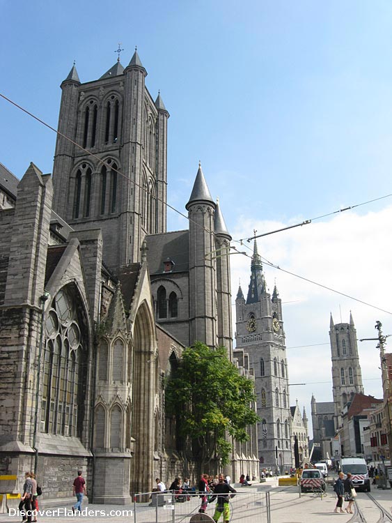 The three towers of Ghent : the Saint Nicholas' Church, the Belfry, and Saint Bavo Cathedral.