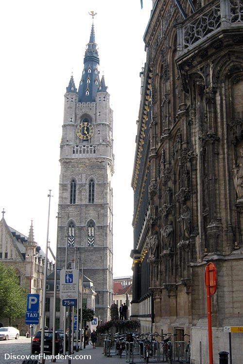 The Belfry of Ghent with the Town Hall on the right.