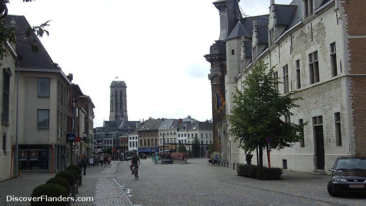 View towards the Veemarkt from the Keizerstraat in Mechelen. To the right is the old Palace of Margaret of York.